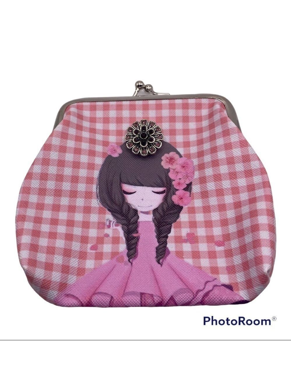 Pink Plaid Snap Jewelry Change Purse w/ Sweet Brunette & Flower Snap! SEE VIDEO!